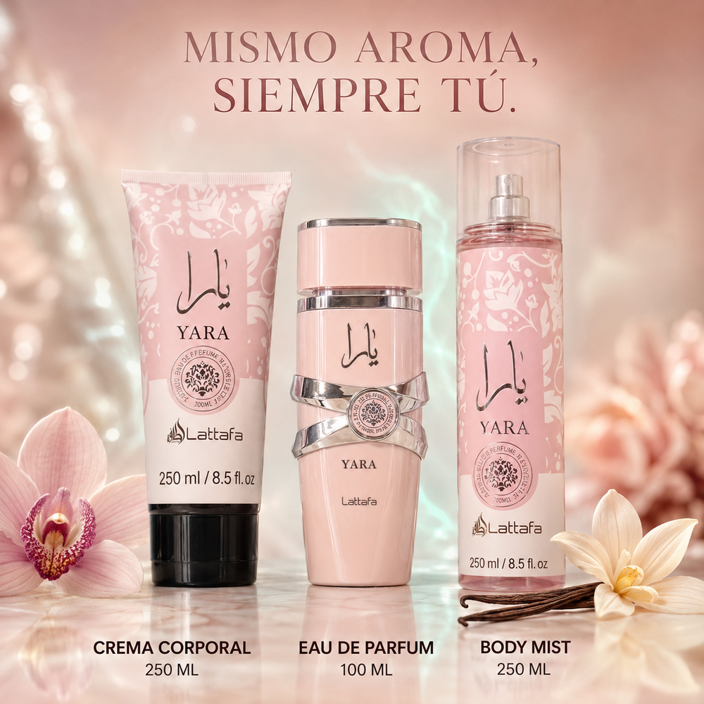 Kit Yara, Loción + Crema Corporal + Body Mist (Dulce)